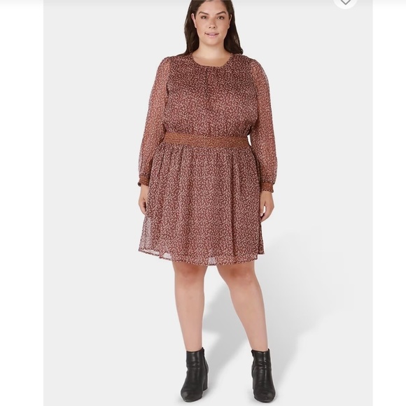 Dex Mini Dress Fall Floral Print Sheer Long sleeve Smocked waist Brown Sz 3X - Picture 1 of 16